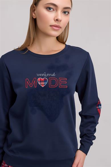 Kadın Uzun Kol Sweatshirt ve Kare Desenli Pantolon Pijama Takım