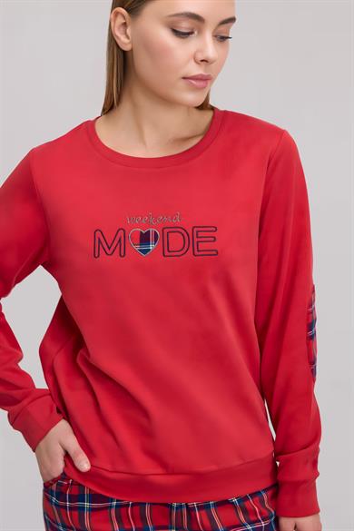 Kadın Uzun Kol Sweatshirt ve Kare Desenli Pantolon Pijama Takım