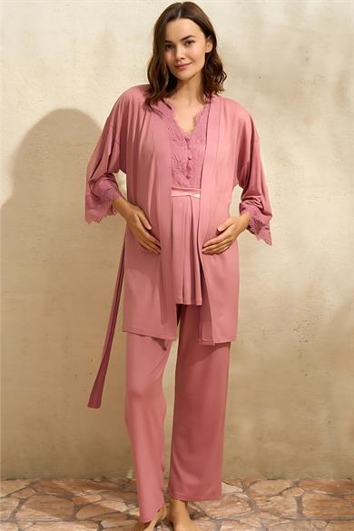 Viskon Yazlık Uzun Dantel Detaylı Hamile Sabahlık Pijama Takımı