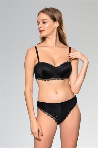 Siyah Straplez Sütyen Slip Külot Takım