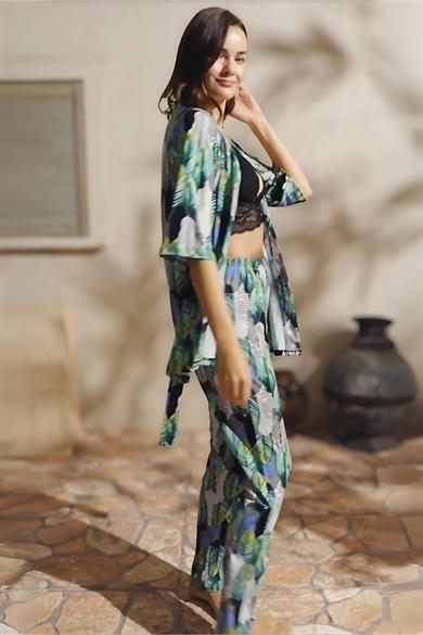 Yeşil Desenli Viskon Pijama Bralet ve Sabahlık Takım