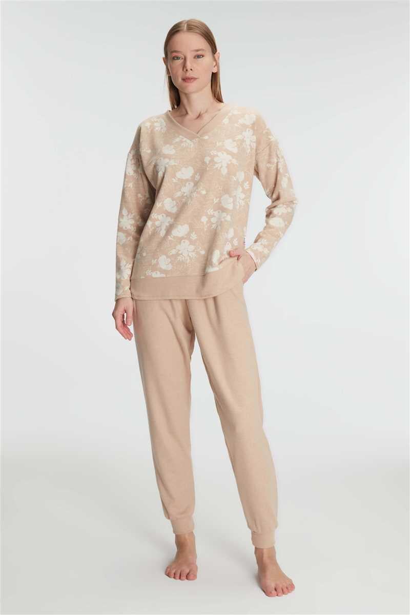 Anıl 11240 Kadın Jakarlı Uzun Kol V Yaka Pijama Takımı