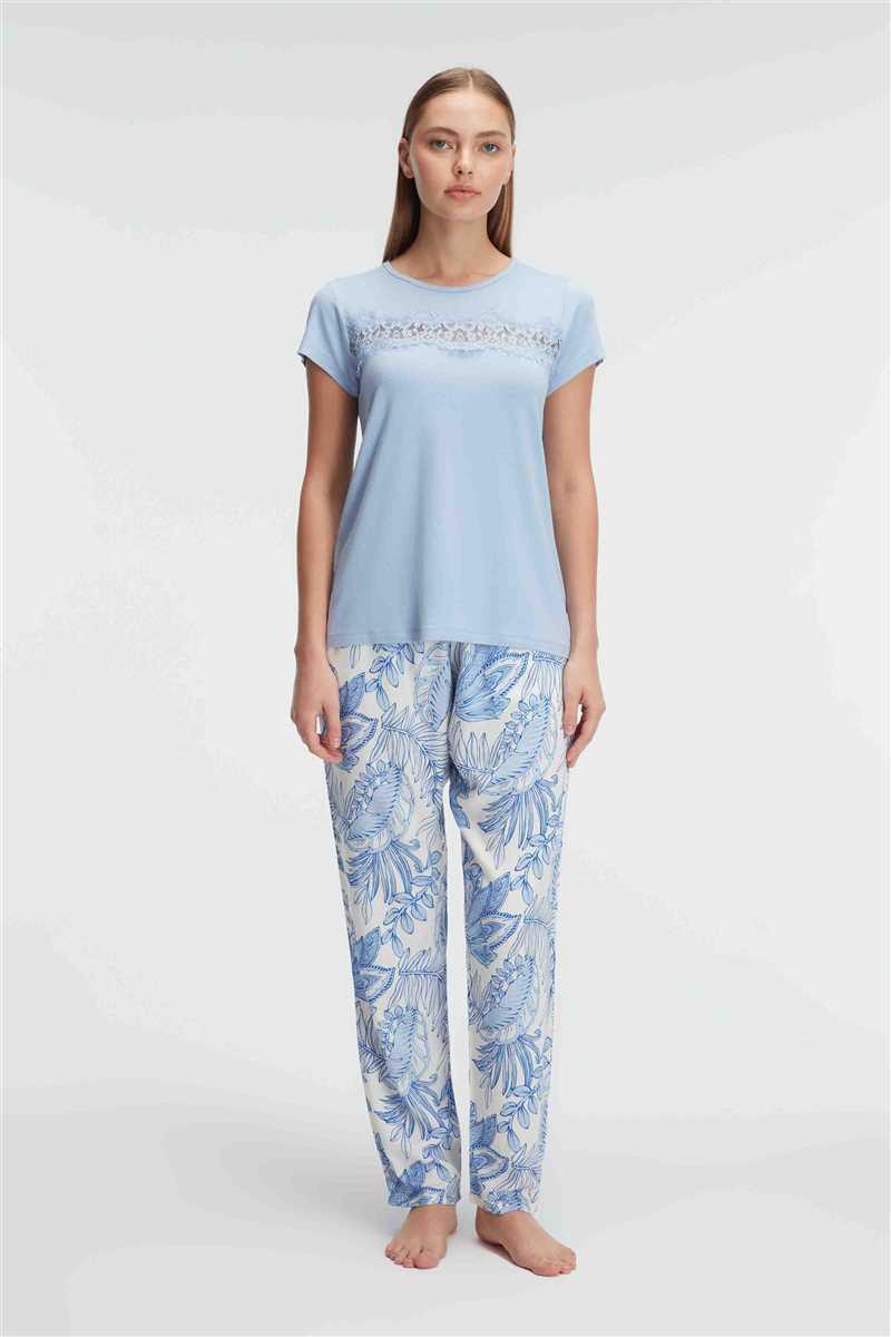 Anıl 9885 Kısa Kol Bisiklet Yaka Kadın Viskon Çiçek Desenli Yazlık ÖRME Dantel Detaylı Pijama Takımı