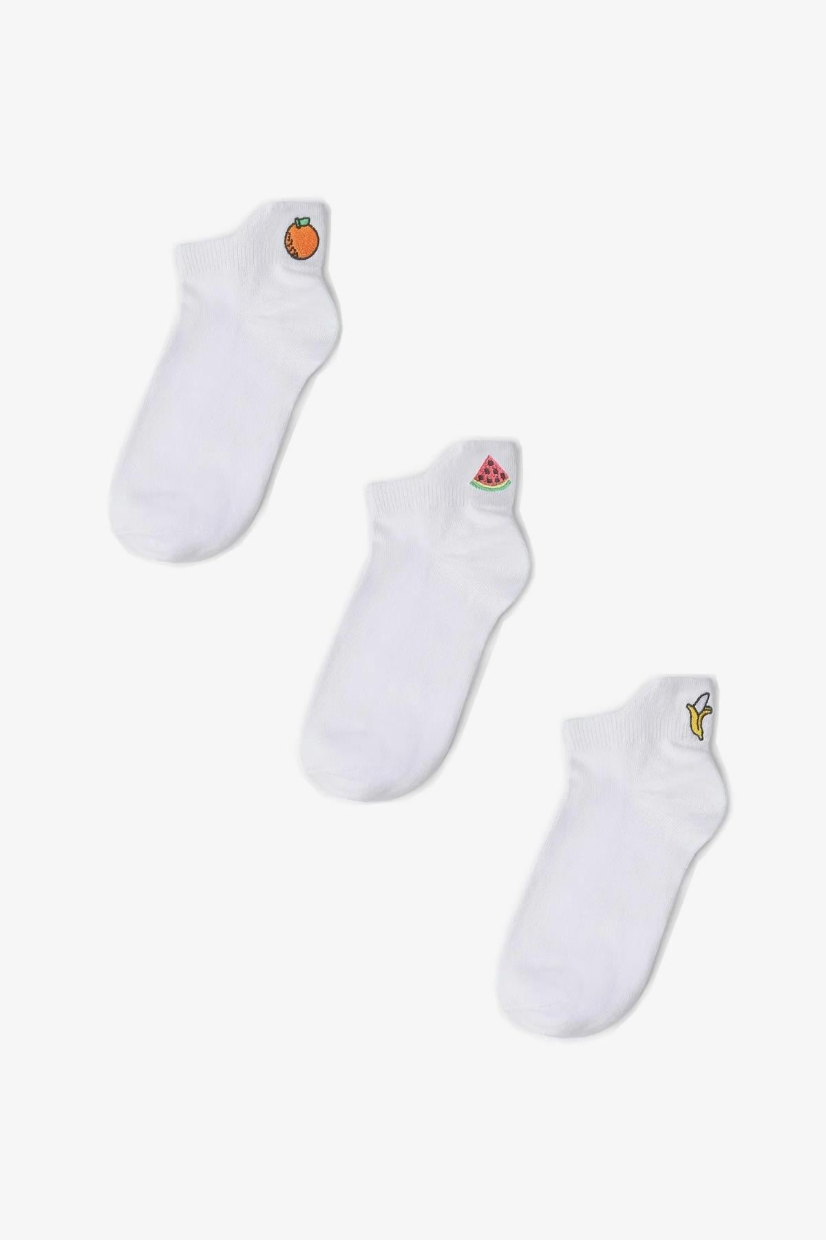 Beyaz 3 Çift Meyve Nakışlı Patik Çorap-2