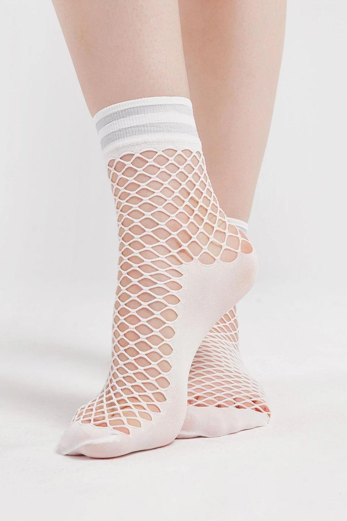 Beyaz Simli File Fishnet Soket Çorap