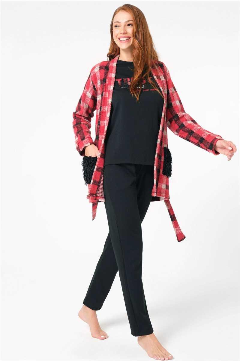Kadın Ekose Yandan Cepli Sabahlık Göğüs Baskılı Uzun Kollu Sweatshirt ve Pantolon 3'lü Takım (5633)