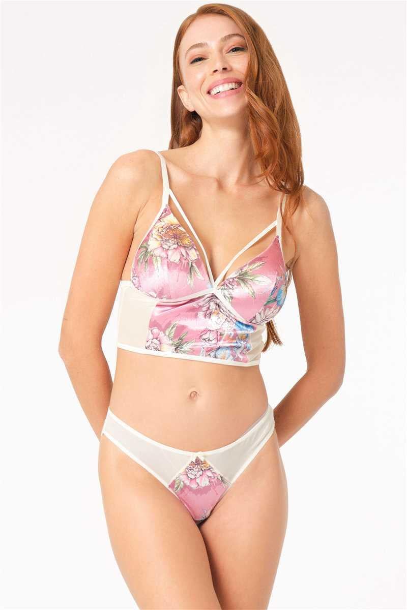 Kadın Kadife Balensiz Desteksiz Dolgusuz Yaka Detaylı Çiçek Baskılı Bralet Sütyen ve Slip Takım (4222)