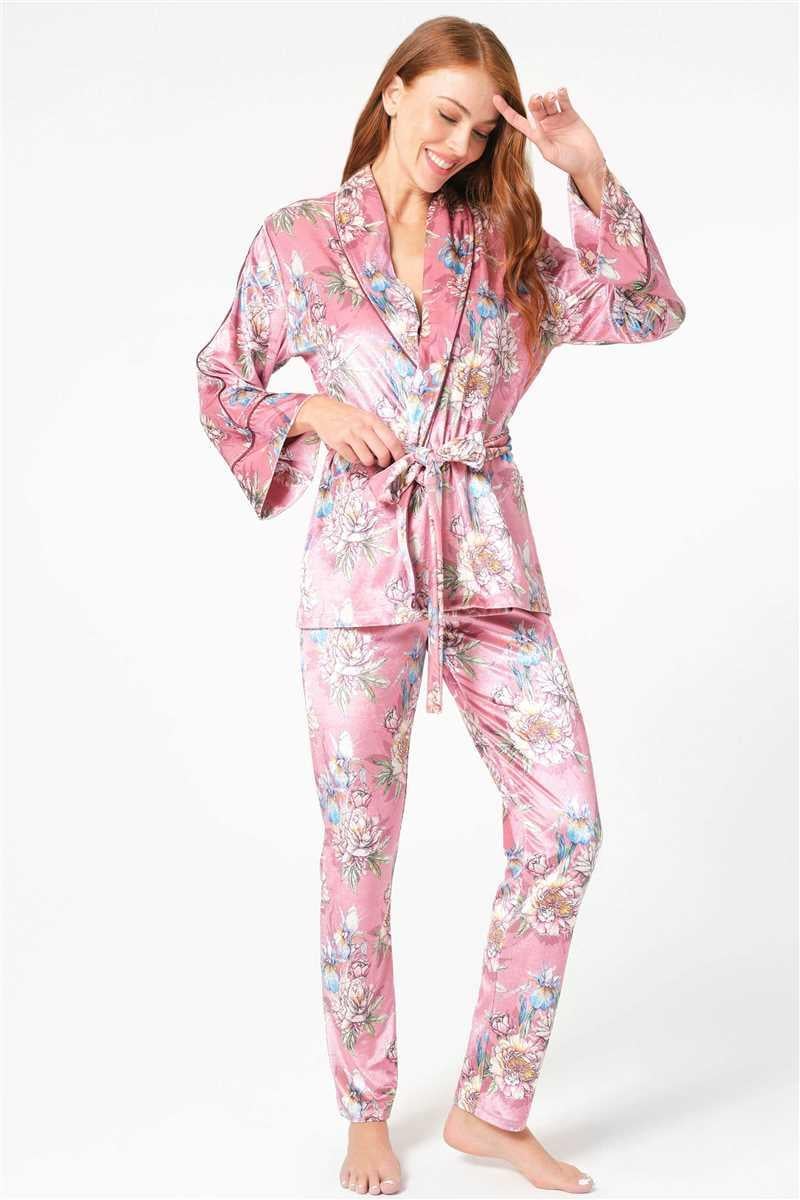 Kadın Kadife Çiçek Baskılı Uzun Kol Sabahlık ve Pantolon Pijama Takım (9732)