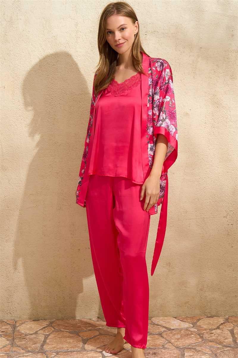 Kadın Saten Çiçek Baskılı Sabahlık Dantelli Atlet ve Pantolon Pijama 3'lü Takım (5645)