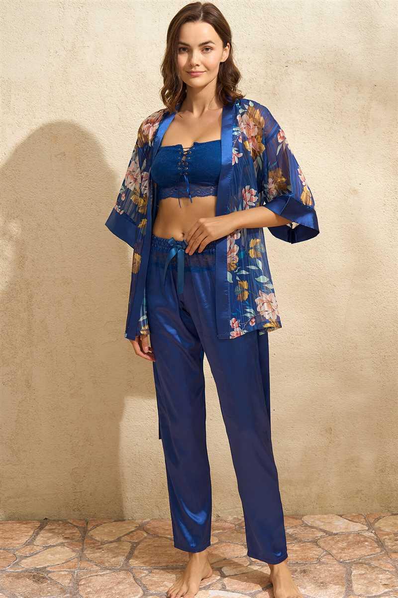 Kadın Tül Çiçek Baskılı Sabahlık Balensiz Desteksiz Dolgusuz Dantelli Büstiyer Sütyen ve Saten Pantolon Pijama 3'lü Takım (5703)