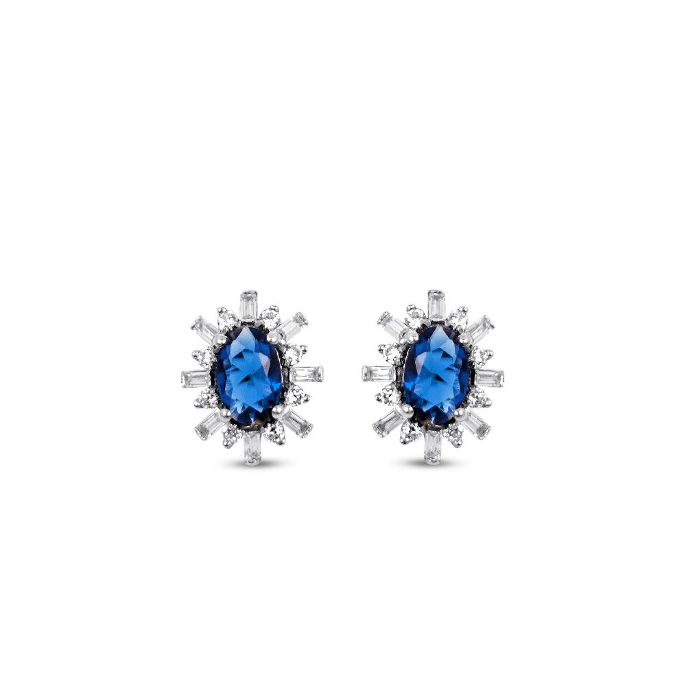 Pırlanta Oval Safir Baget Taşlı Küpe