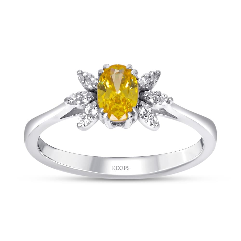 Pırlantalı Oval Sitrin Taşlı Yüzük 