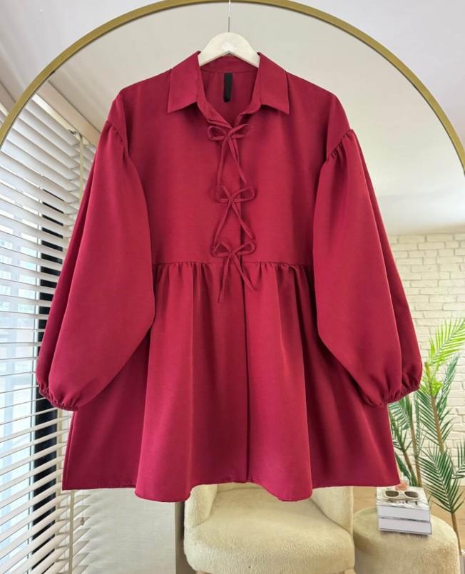 Poplin Kumaş Fiyonklu Balon Kol Tesettür Tunik