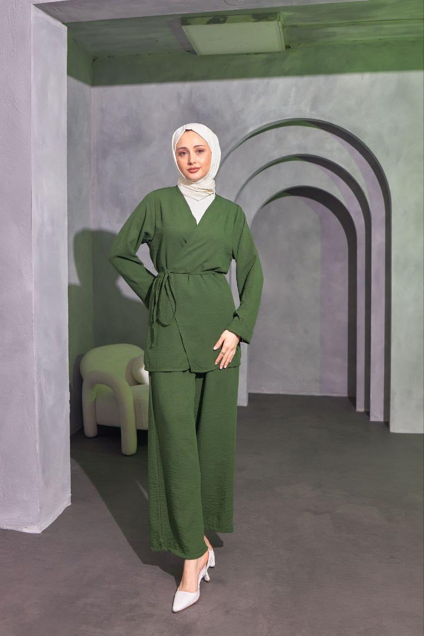 çapraz baglamalı keten kimono takım