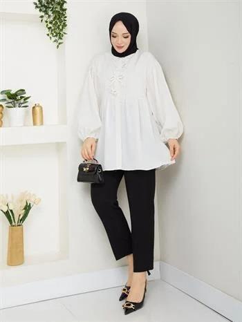 Poplin Kumaş Fiyonklu Balon Kol Tesettür Tunik