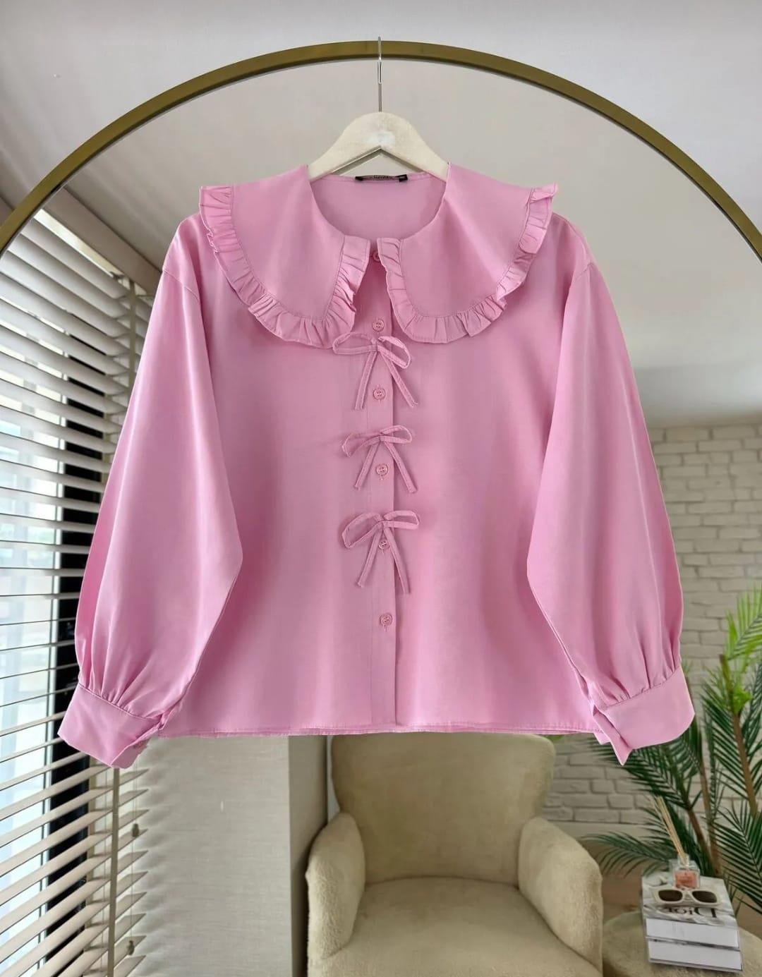 Poplin Kumaş Yaka Detaylı Fiyonklu Etek Üstü gömlek