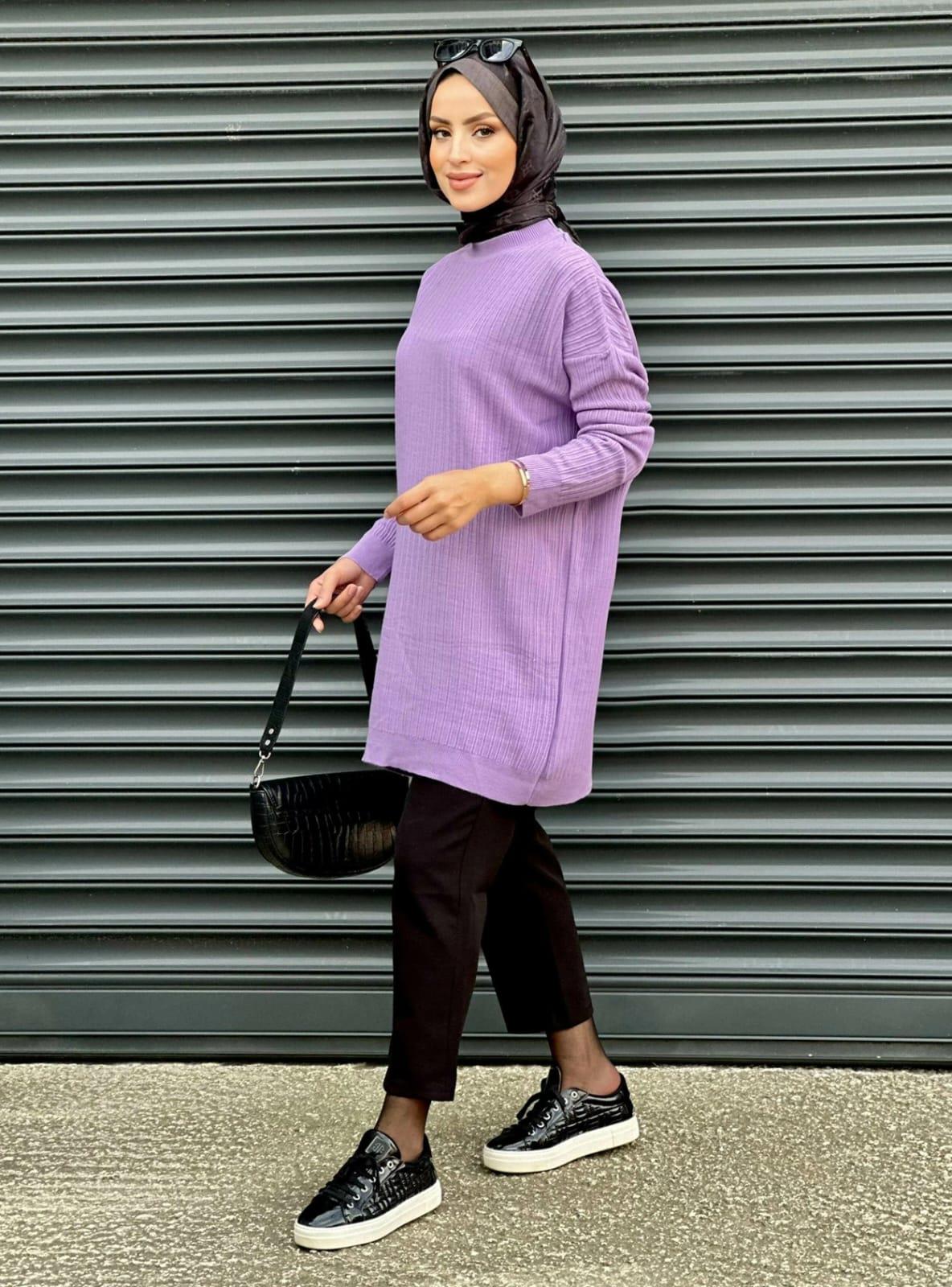 Yeni Sezon Bisiklet Yaka Kendinden Çizgili Triko Tunik