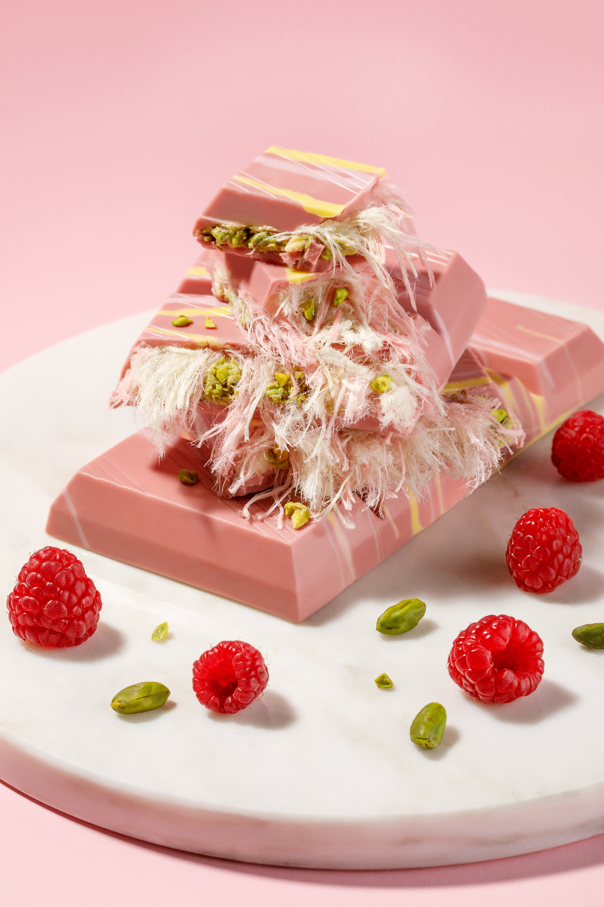 Angel Hair Raspberry Chocolate Filled with Pistachio and Cotton Candy 170 Gr.