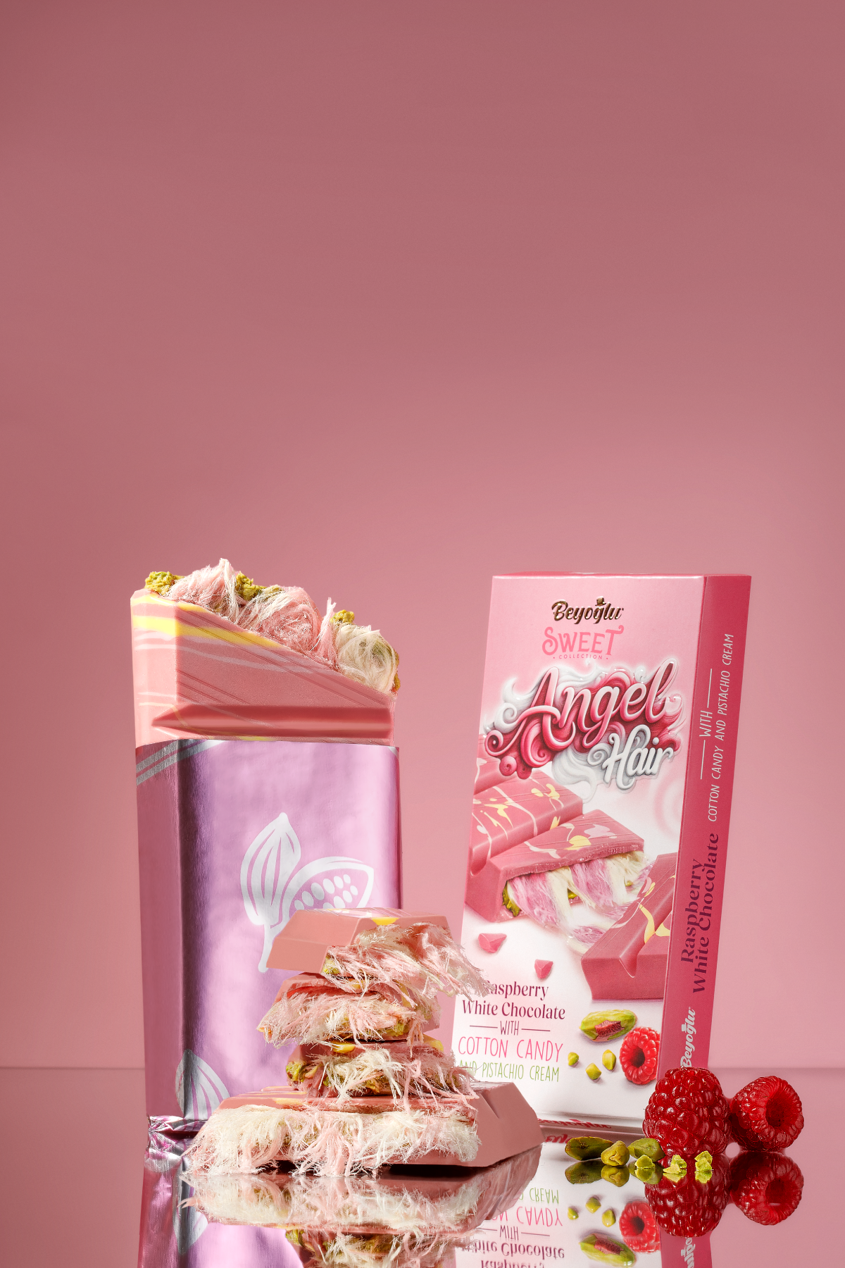 Angel Hair Raspberry Chocolate Filled with Pistachio and Cotton Candy 170 Gr.