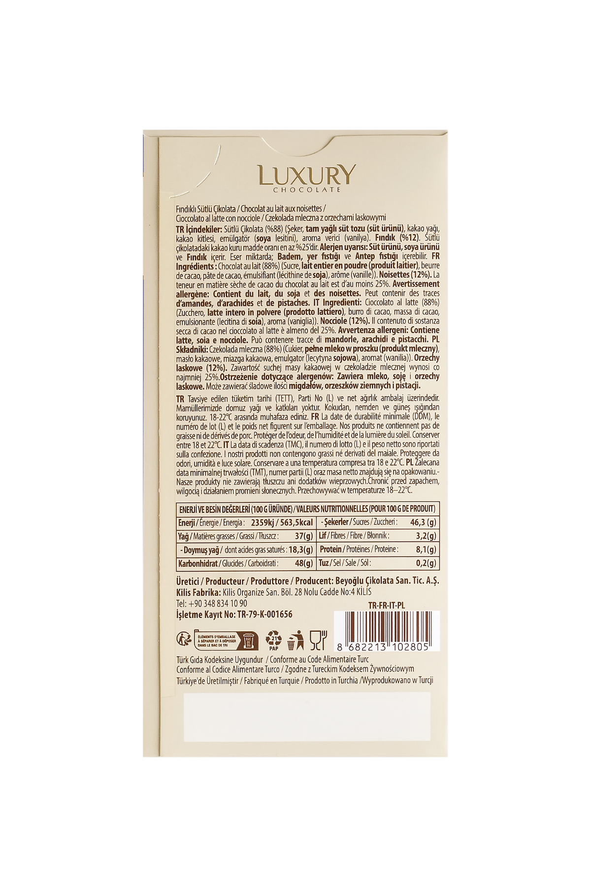 Beyoğlu Çikolata Luxury Fındıklı Tablet Çikolata 65 Gr.