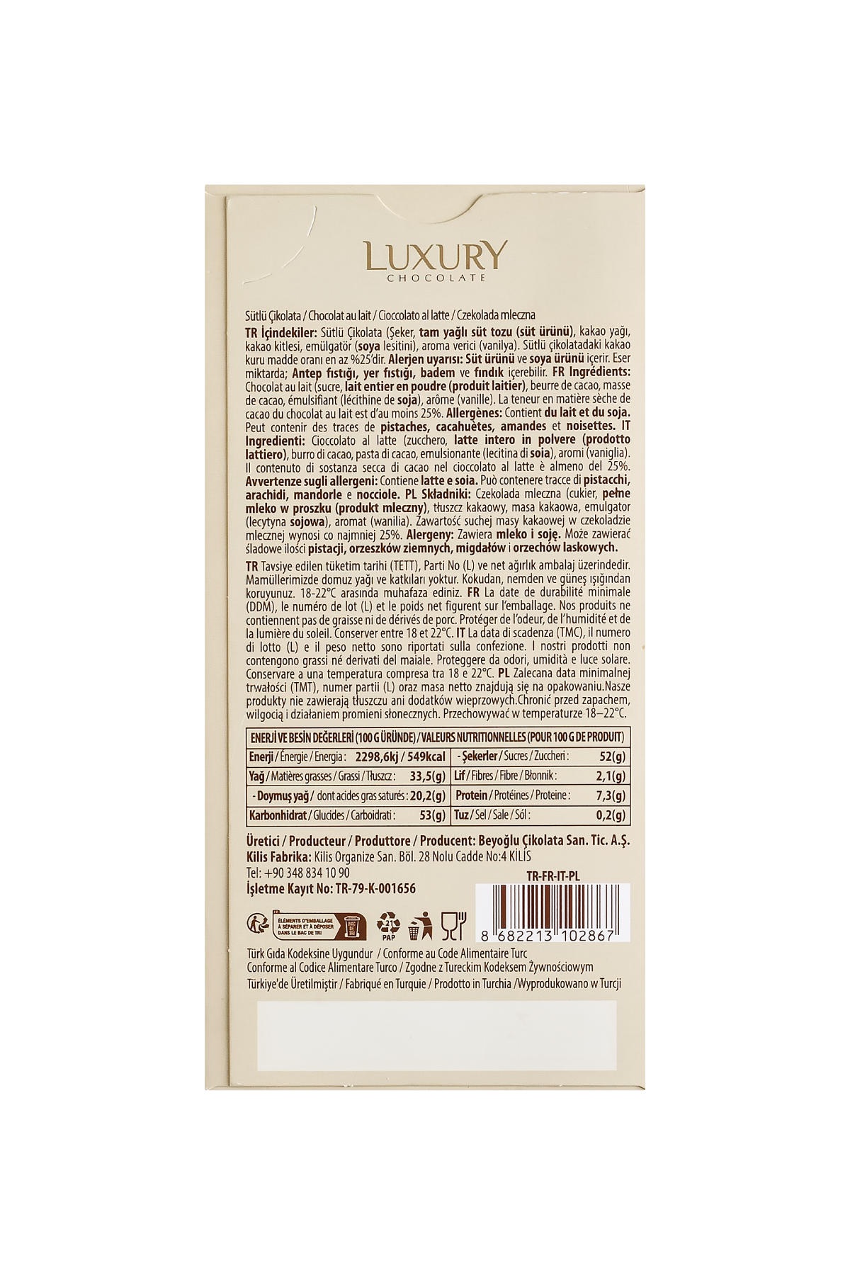 Beyoğlu Çikolata Luxury Sütlü Tablet Çikolata 65 Gr.