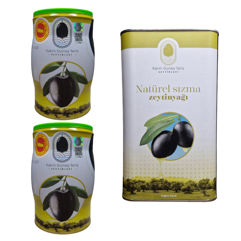 Natürel Sızma ZeytinyağıKatırlı Köyü Güney Tarla Siyah Zeytin 2 kg (L) + Natürel Sızma Zeytinyağı 3 Litre