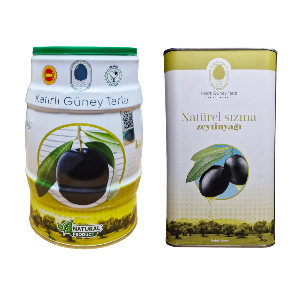 Natürel Sızma ZeytinyağıKatırlı Köyü Güney Tarla Siyah Zeytin 1 kg (M-S) + Natürel Sızma Zeytinyağı 1 Litre