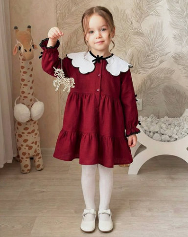 BORDO BEYAZ YAKALI ELBİSE