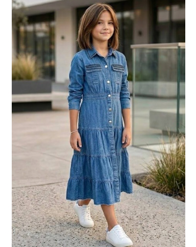 DENİM UZUN KAT KAT ELBİSE