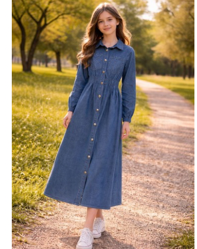 UZUN DENİM ELBİSE DÜĞMELİ