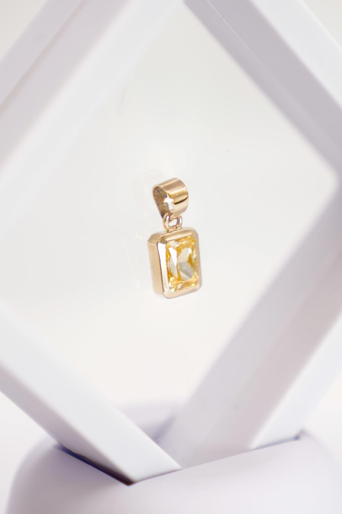 14 Ayar Altın Dikdörtgen Kesim Sitrin Taşlı Minimal Tasarım Kolye Ucu