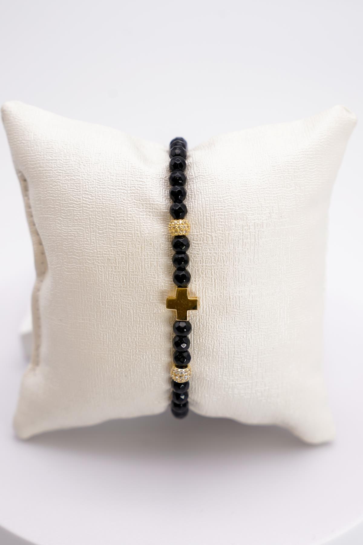 14 Ayar Siyah Boncuklu Ayarlanabilir Haç Detaylı Kadın Altın Bileklik