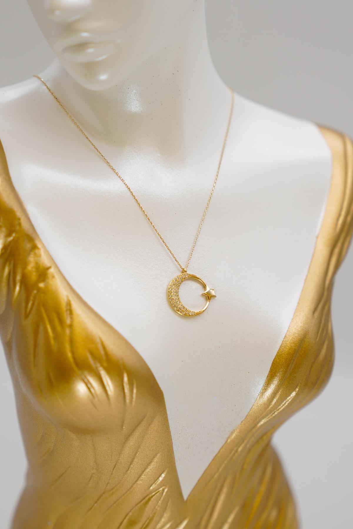 Ay Yıldız Figürlü Kolye 14 Ayar Altın Zirkon Taşlı Anlamlı ve Işıltılı Kadın Zincir Model