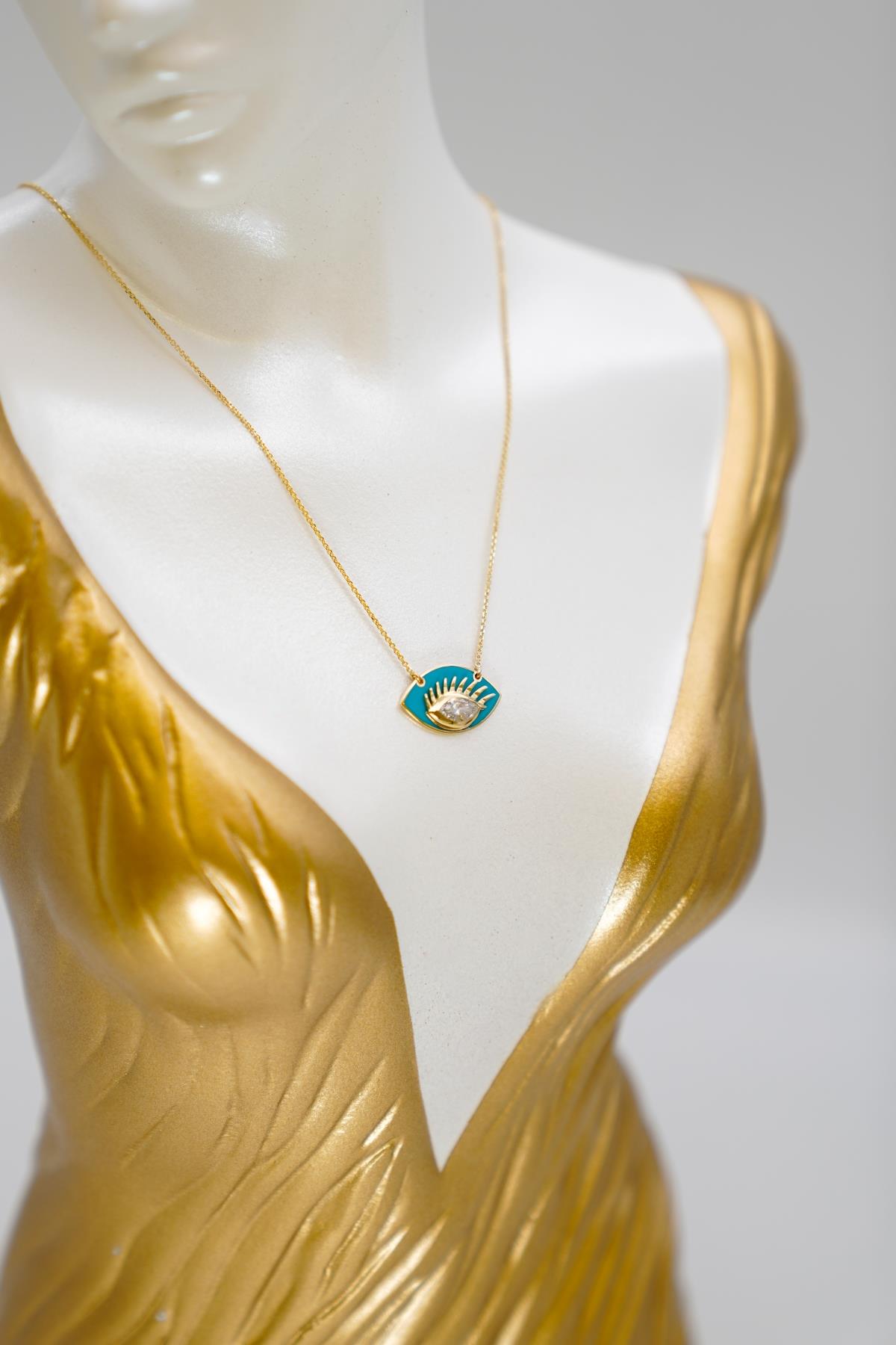 Göz Figürlü Kolye 14 Ayar Altın Turkuaz Mine ve Zirkon Detaylı Kadın Zincir Model