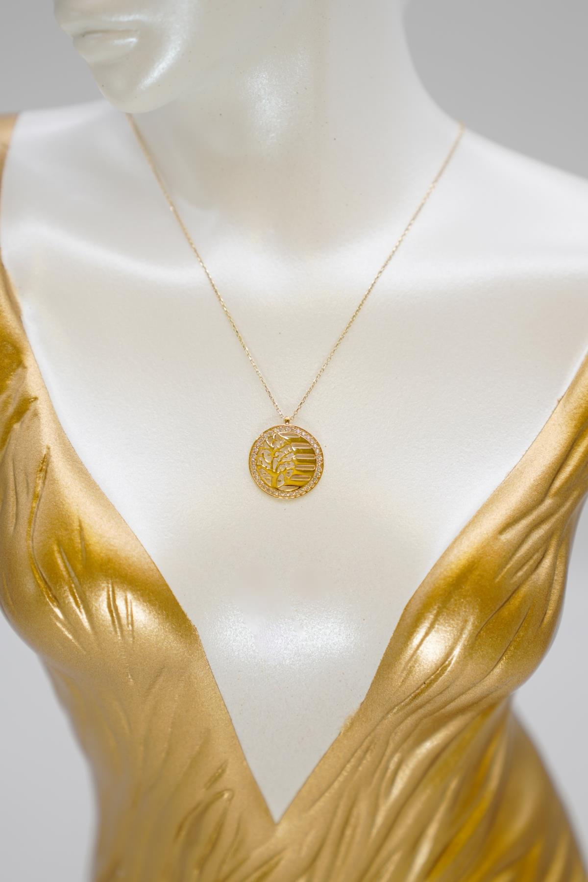 Hayat Ağacı Figürlü Kolye 14 Ayar Altın Işıltılı Yuvarlak Formda Zarif Kadın Zincir Modeli