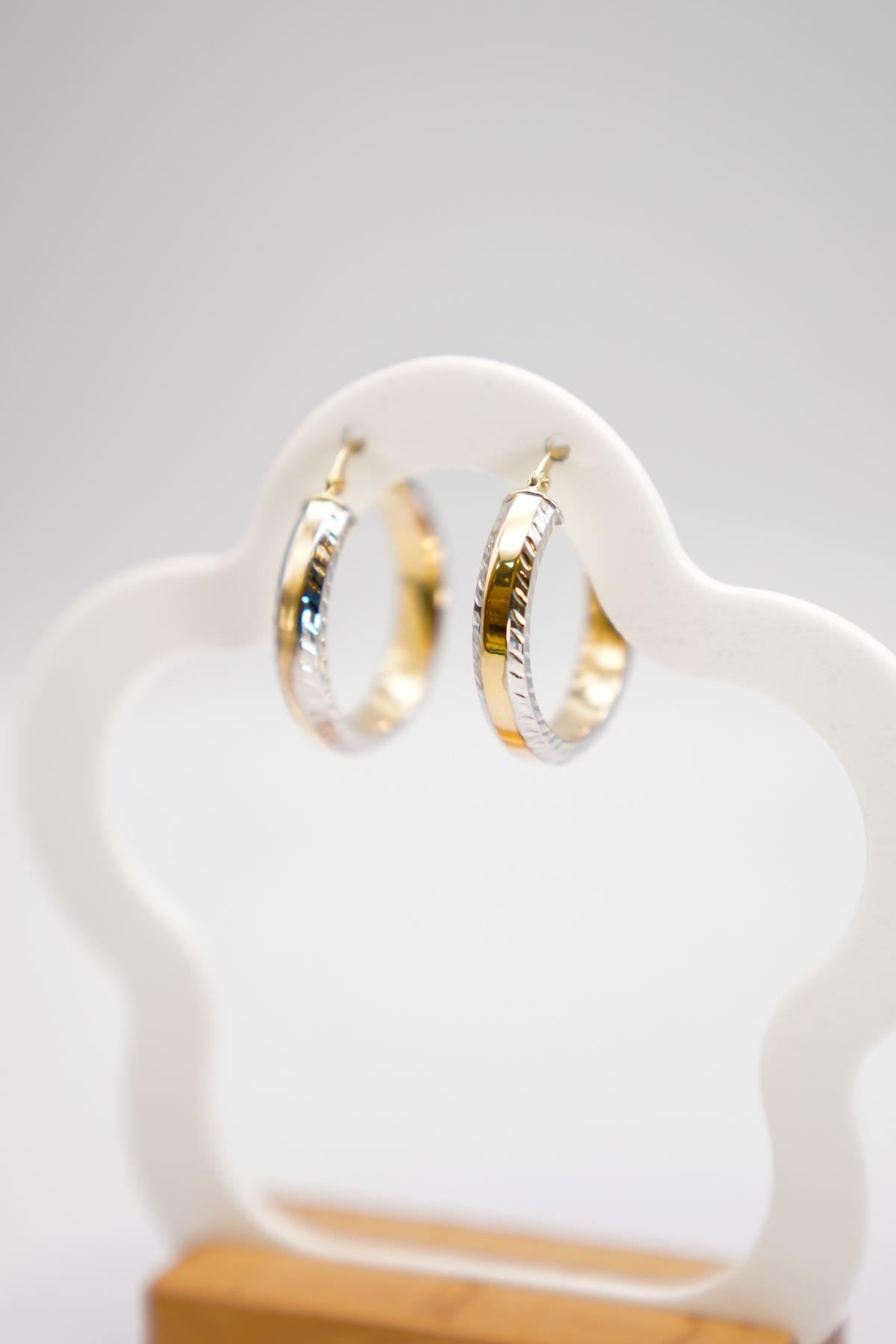 İki Renkli 14 Ayar Altın Kalemli Küpe – Parlak Detaylı Modern Çizgide Kadın Takı Modeli