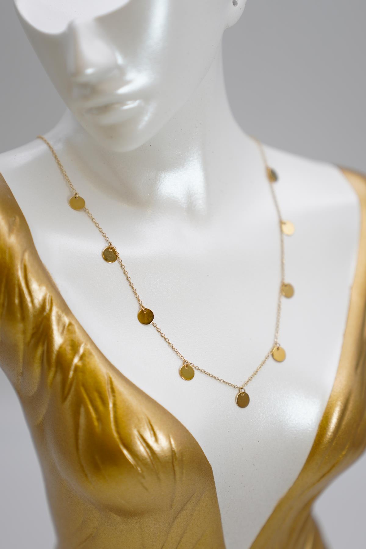 Pullu Kolye 14 Ayar Altın Yuvarlak Disk Detaylı Zarif ve Işıltılı Kadın Zincir Model