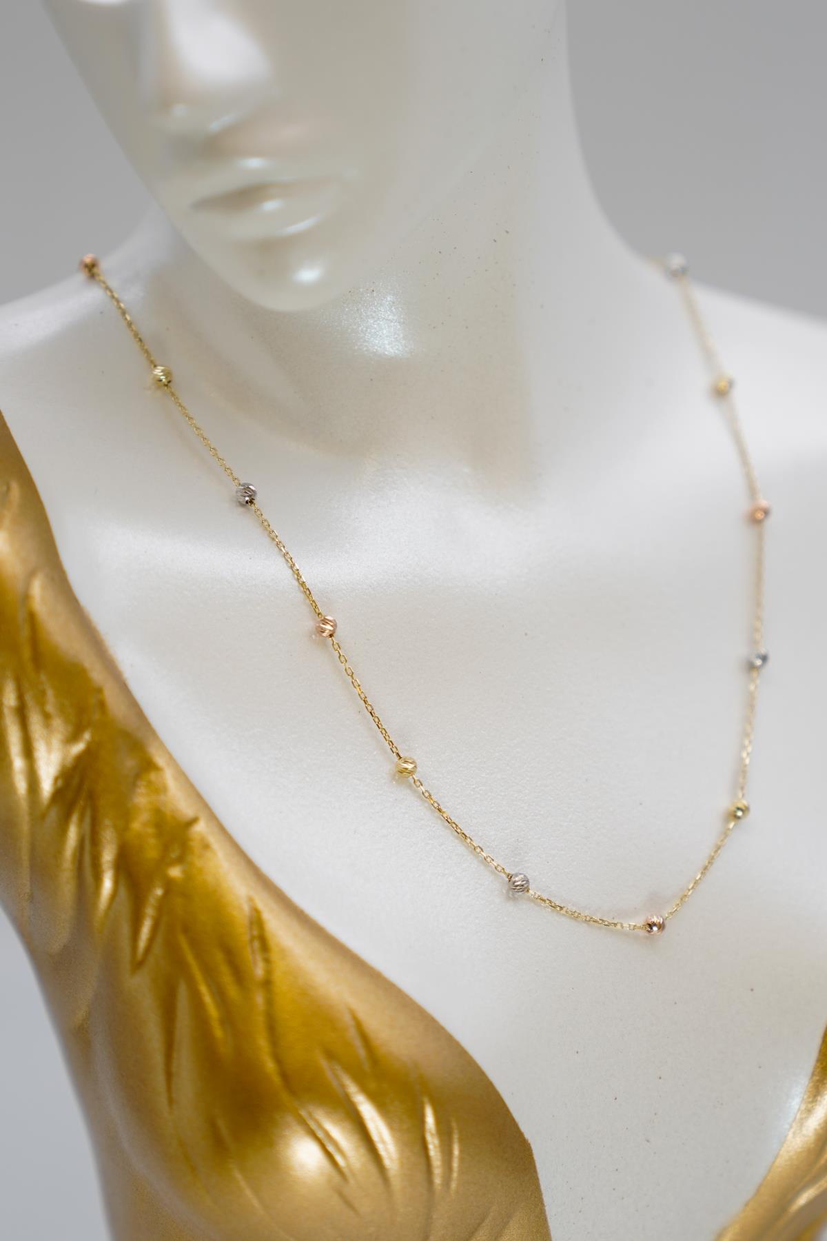 Üç Renkli Dorika Kolye 14 Ayar Altın Modern Görünümlü Kadın Zincir Zarif ve Parlak Model