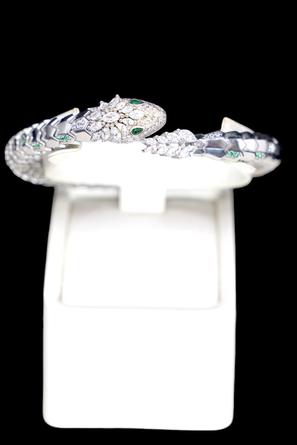 Zirkon Taşlı Gümüş Yılan Bilezik 925 Ayar