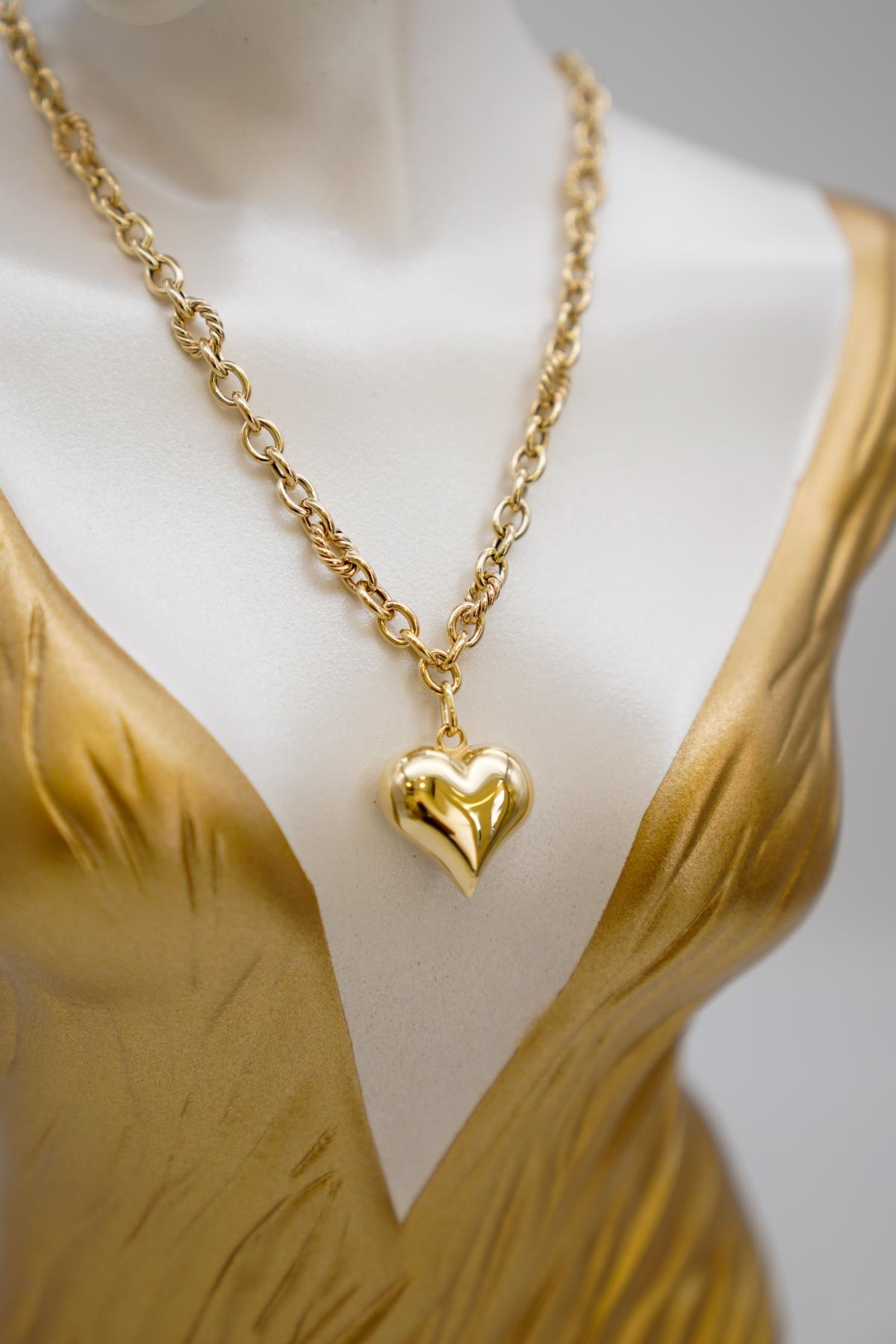 14 Ayar Altın Kalp Figürlü Fantasy Zincir Kolye Dikkat Çekici Kalın ve Işıltılı Tasarım
