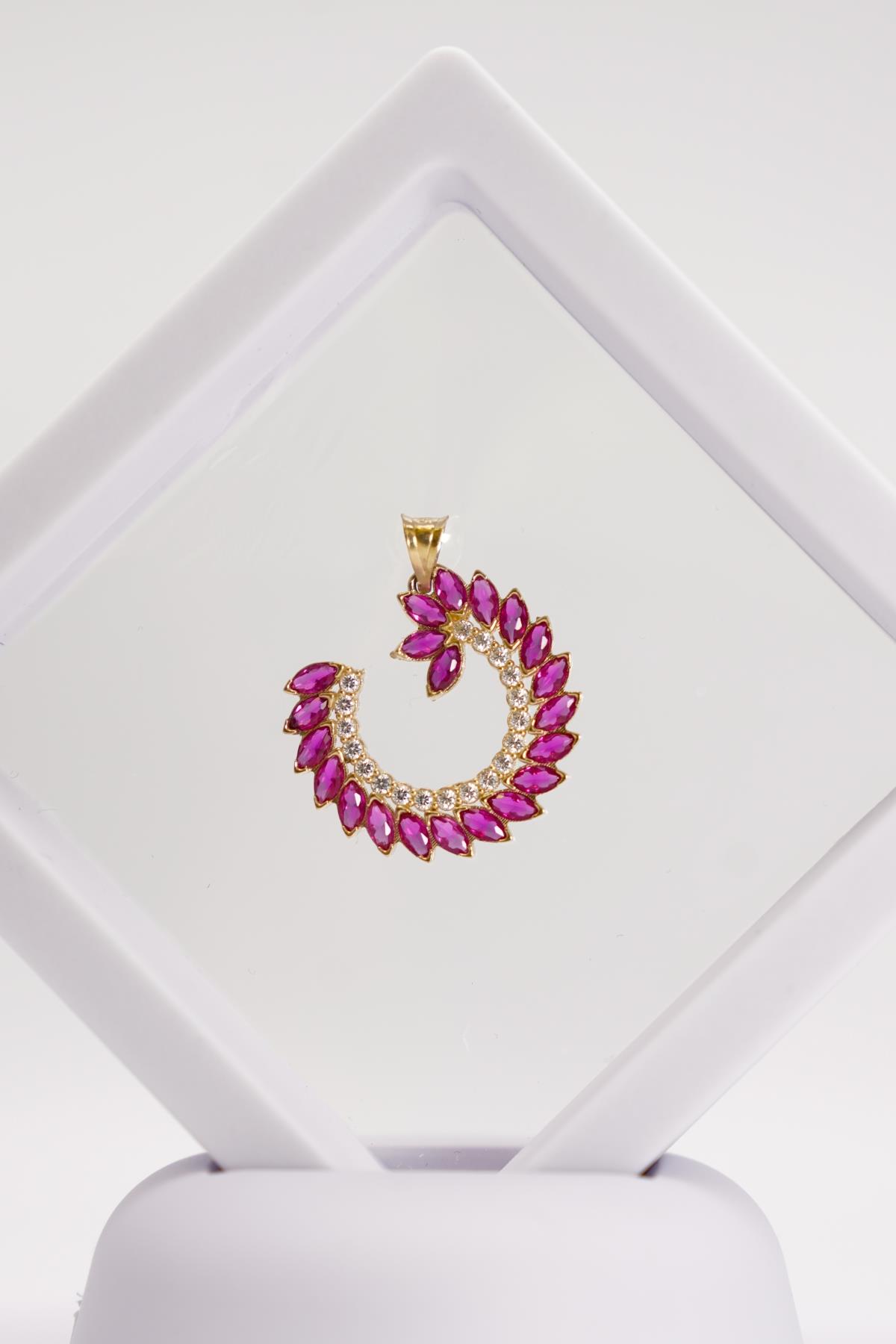 14 Ayar Altın Pembe Kuvars Taşlı Özel Formlu Işıltılı Modern Fantasy Kolye Ucu