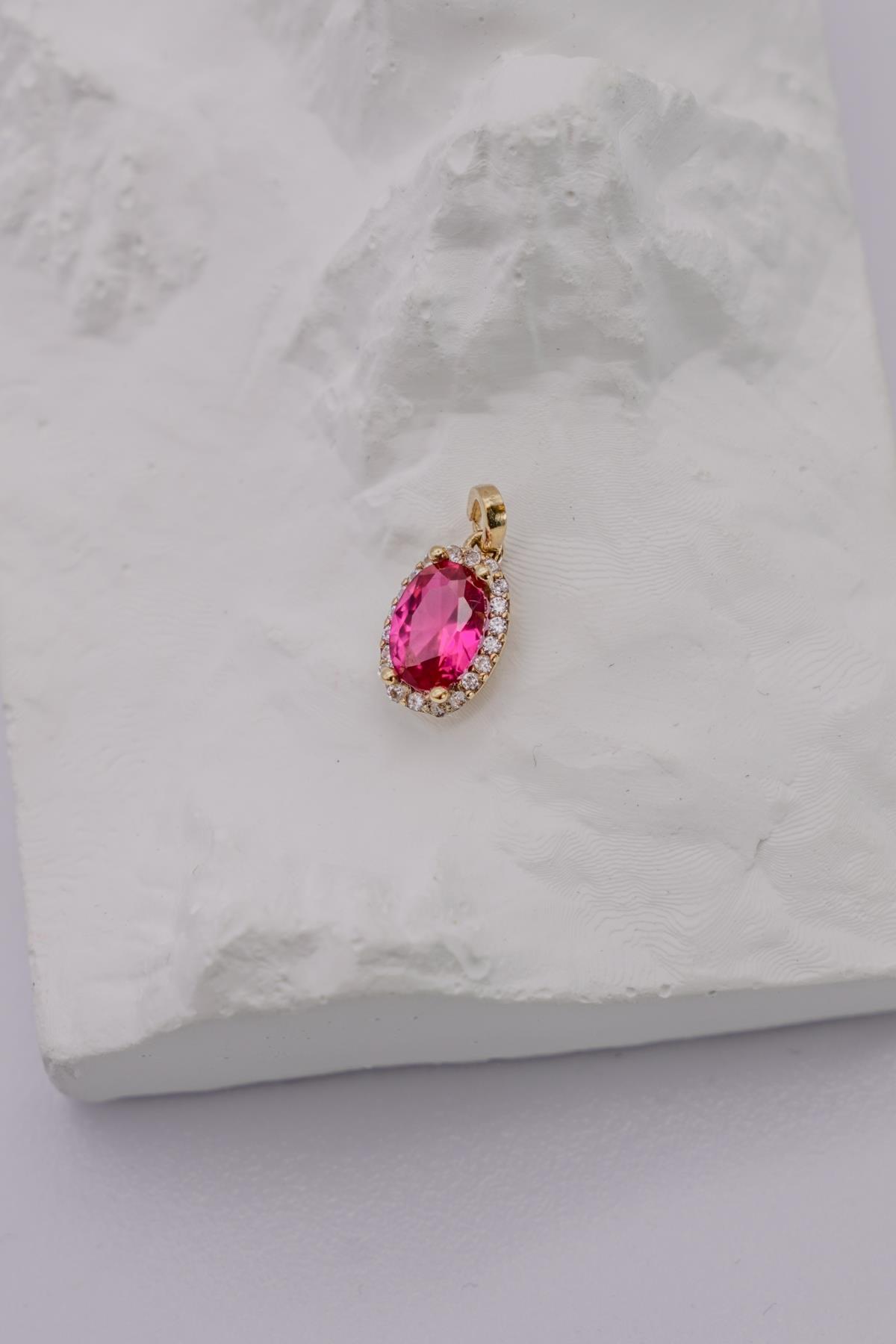 14 Ayar Altın Pembe Topaz Taşlı Kolye Ucu – Romantik ve Zarif Görünüm İçin Özel Tasarım