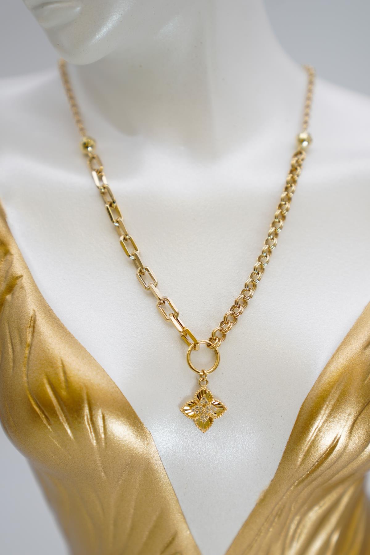 14 Ayar Altın Zirkon Taşlı Yonca Figürlü Zincir Kolye Modern ve Işıltılı Tasarım