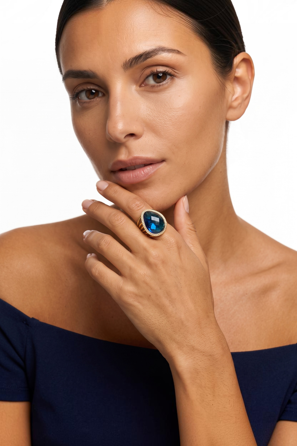 14 Ayar Sarı Altın Damla Kesim Topaz Taşlı Çoklu Bantlı Lüks Kadın Yüzük Modeli