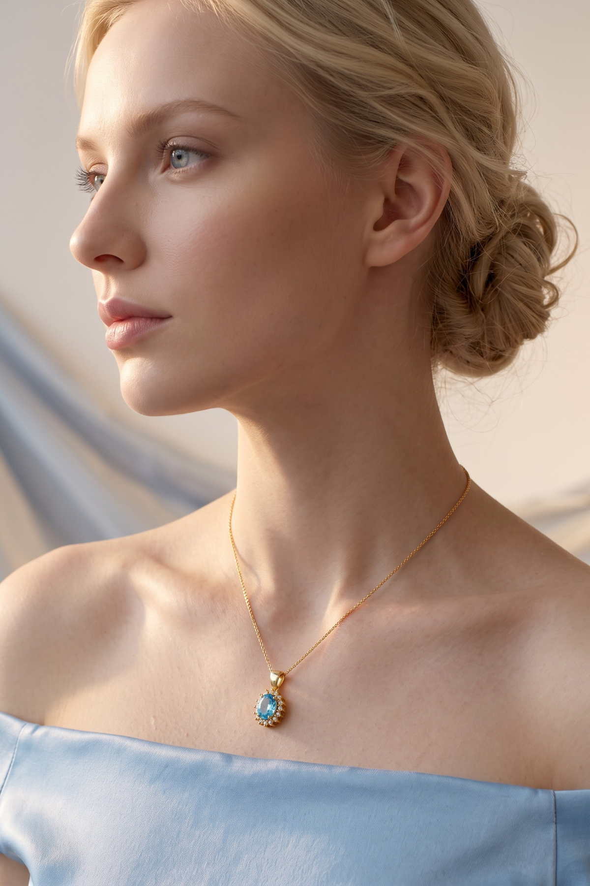 14 Ayar Sarı Altın Mavi Topaz ve Zirkon Taşlı Minimal Oval Kolye Ucu