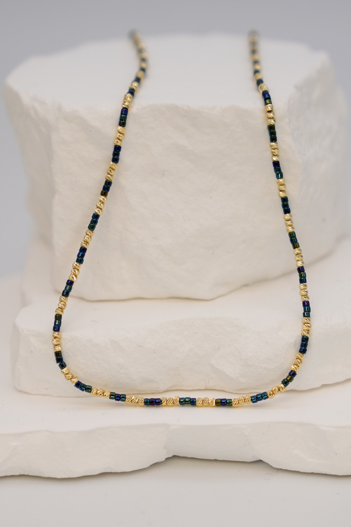 Navy Blue Beaded Dorica Necklace 14 Carat