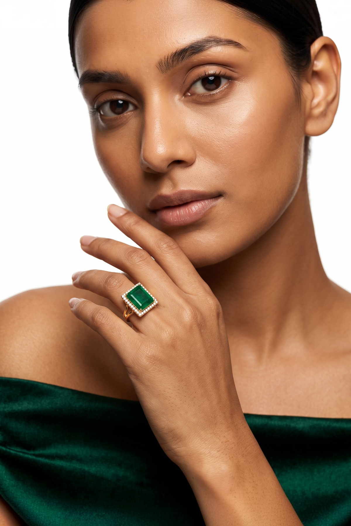 Green Square Stone Diamond Ring 14 Carat