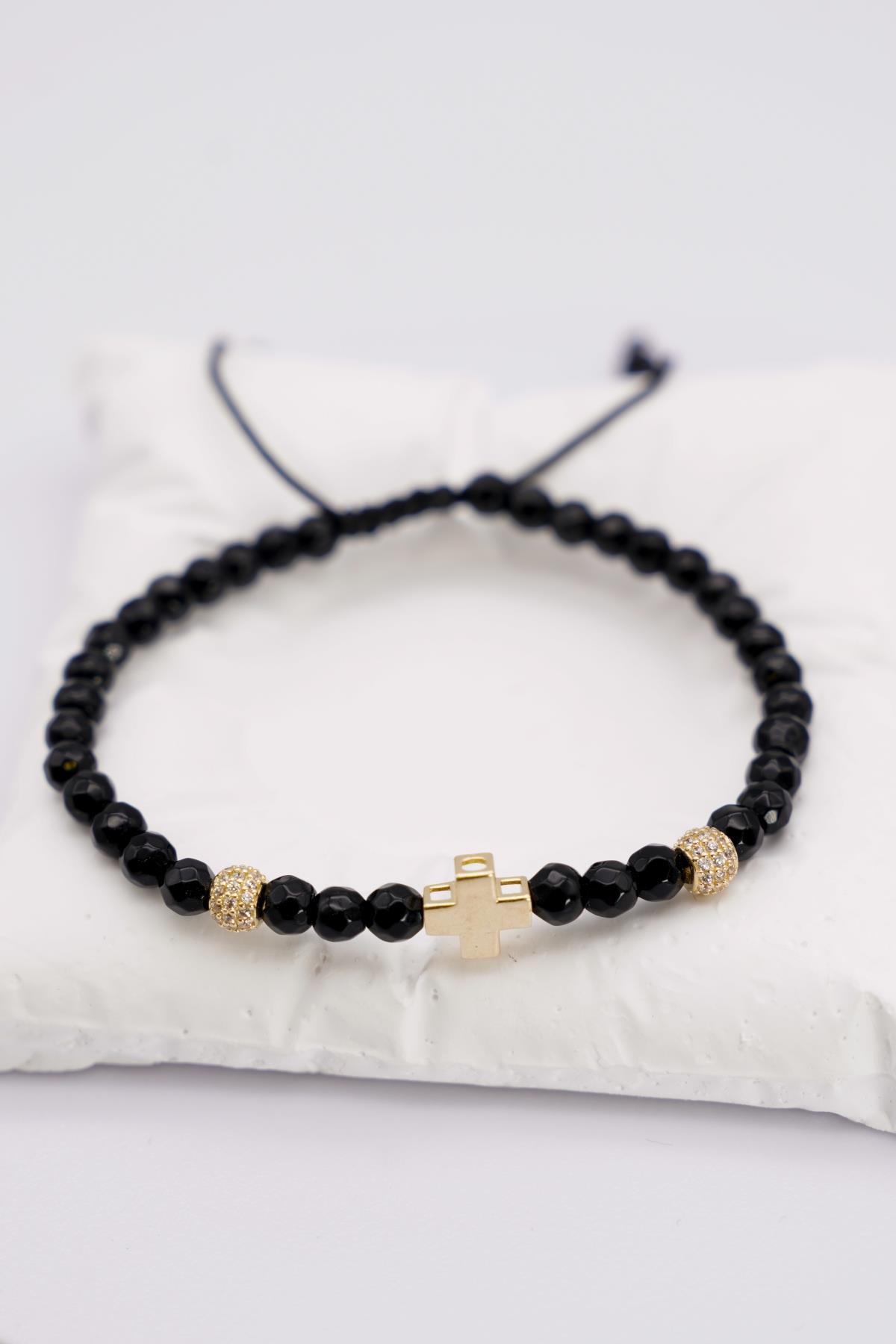 14 Ayar Siyah Boncuklu Ayarlanabilir Haç Detaylı Kadın Altın Bileklik