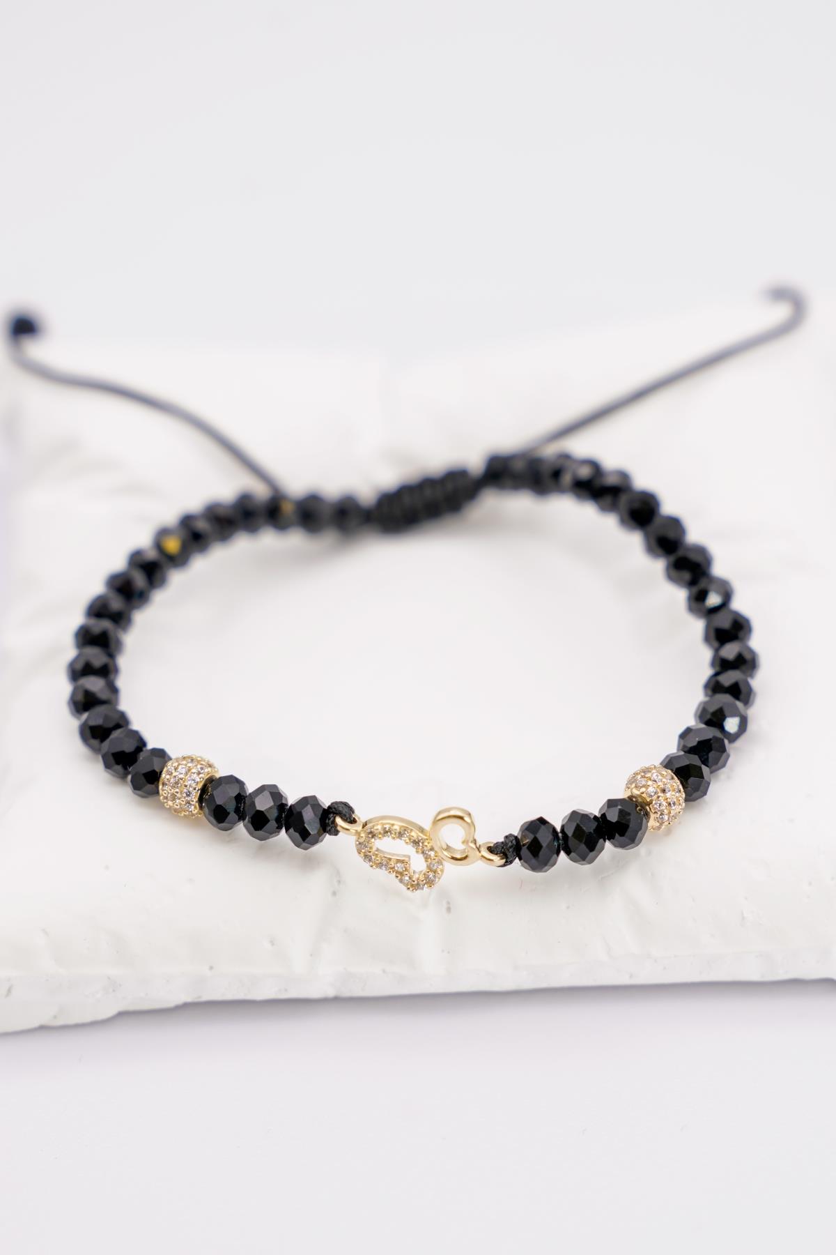 14 Ayar Siyah Boncuklu Ayarlanabilir Kalp Detaylı Kadın Altın Bileklik
