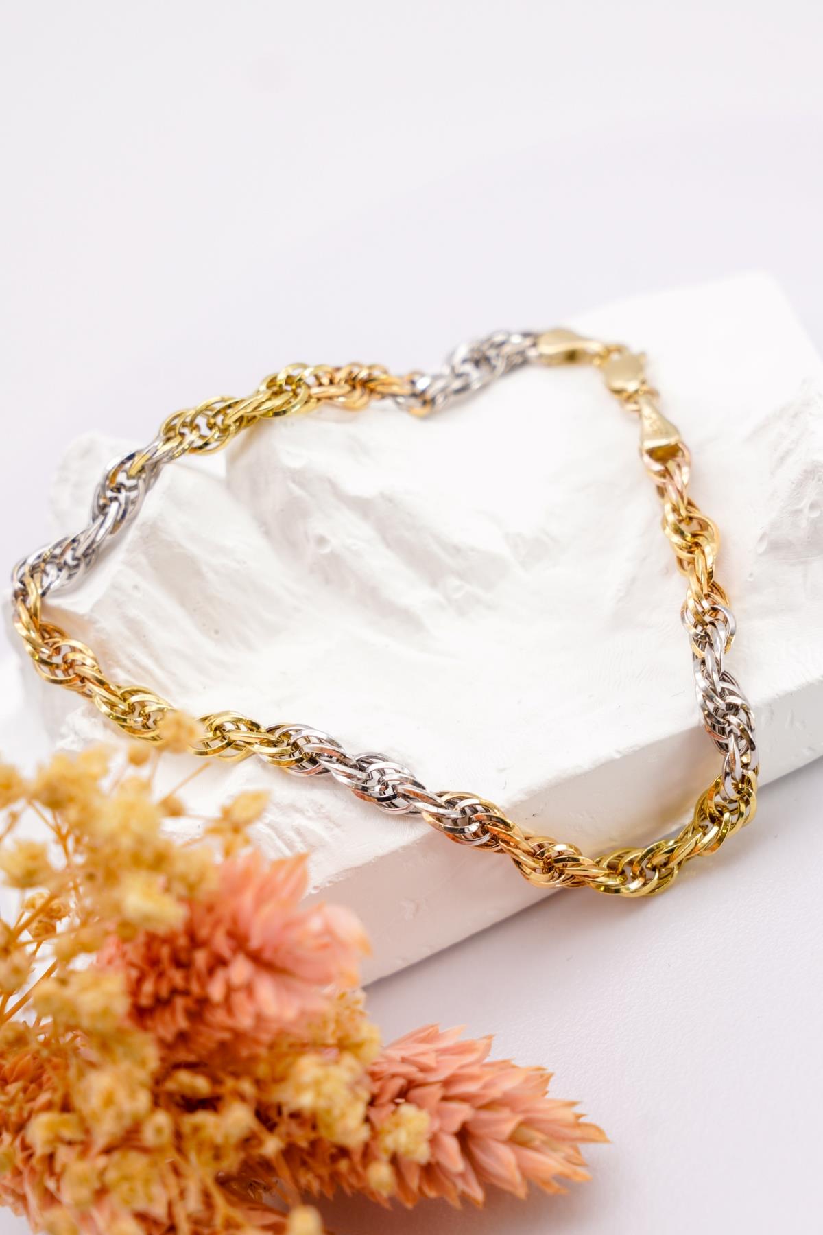 14 Ayar Üç Renkli Halat Zincir Model Altın Bileklik – Zarif ve Örgü Formlu Tasarım